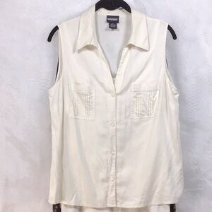 NOTATIONS Ivory Silk Semi Sheer Collard V-Neck Sleeveless Blouse